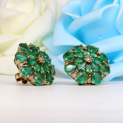 Real Emerald Floral Pattern Studs Earring 14K Gold
