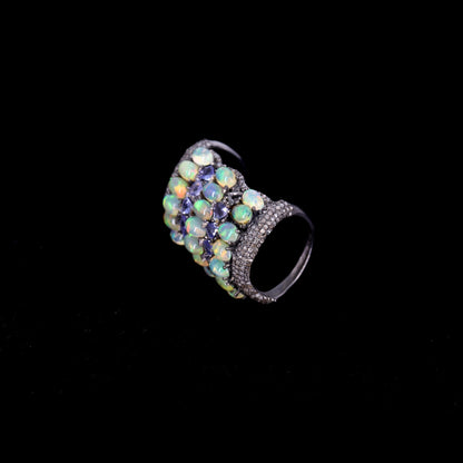 Pave Opal Tanzanite Gemstone Ring Silver