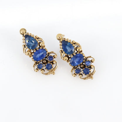 Pear Oval & Round Cut Blue Sapphire Gemstone Earring Gold
