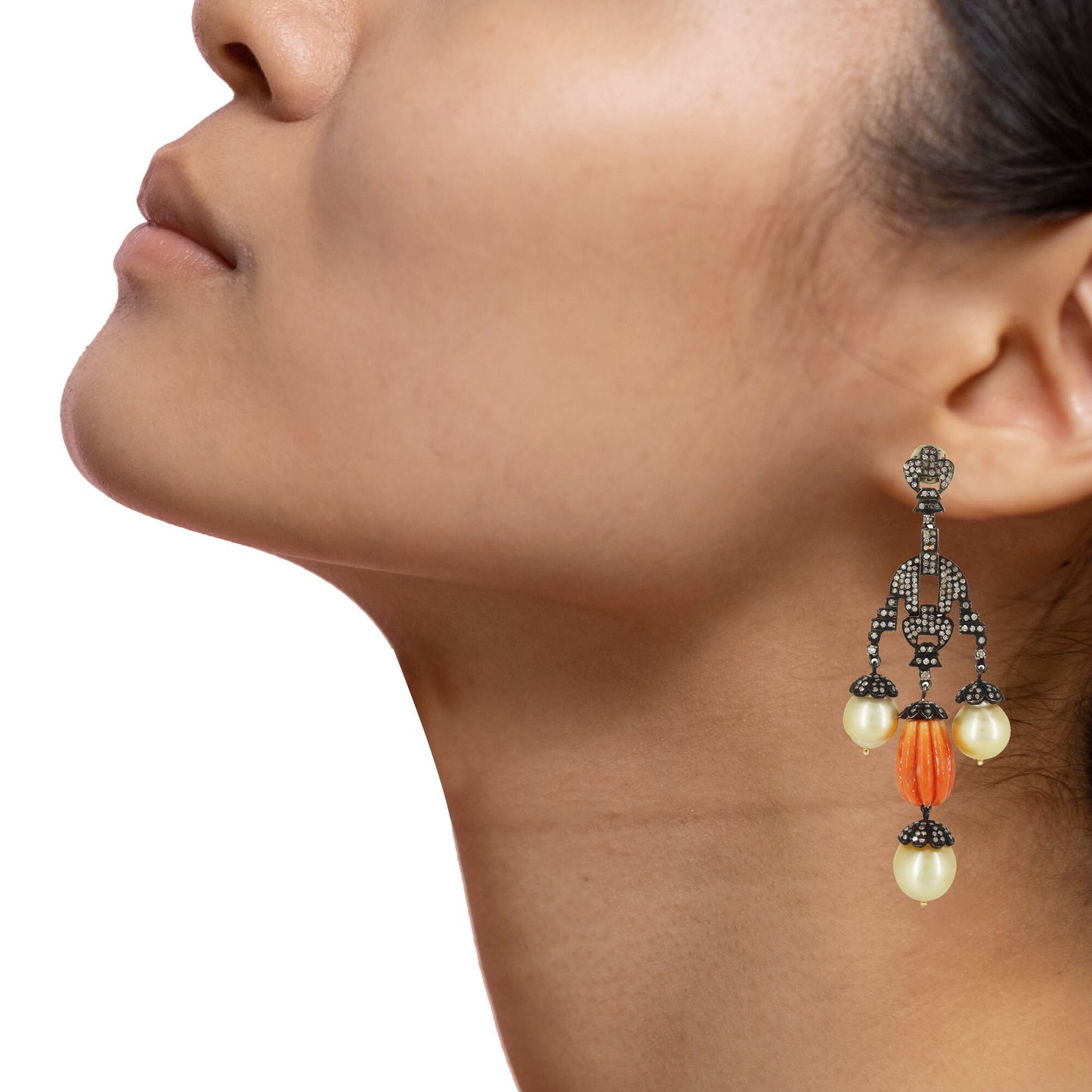 Coral Carving Gemstone South Sea Pearl Earring