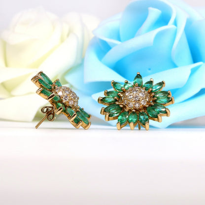 Sun Flower Design Emerald Stud Earring 14K Gold