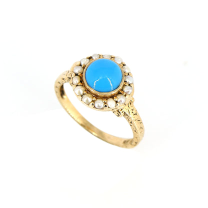 Vintage 9K Pearl & Blue Stone Turquoise Cocktail Ring Gold