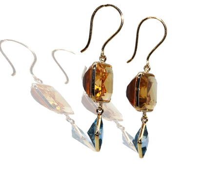 Yellow Handmade Blue Topaz Citrine Hanging Earring 18K Gold