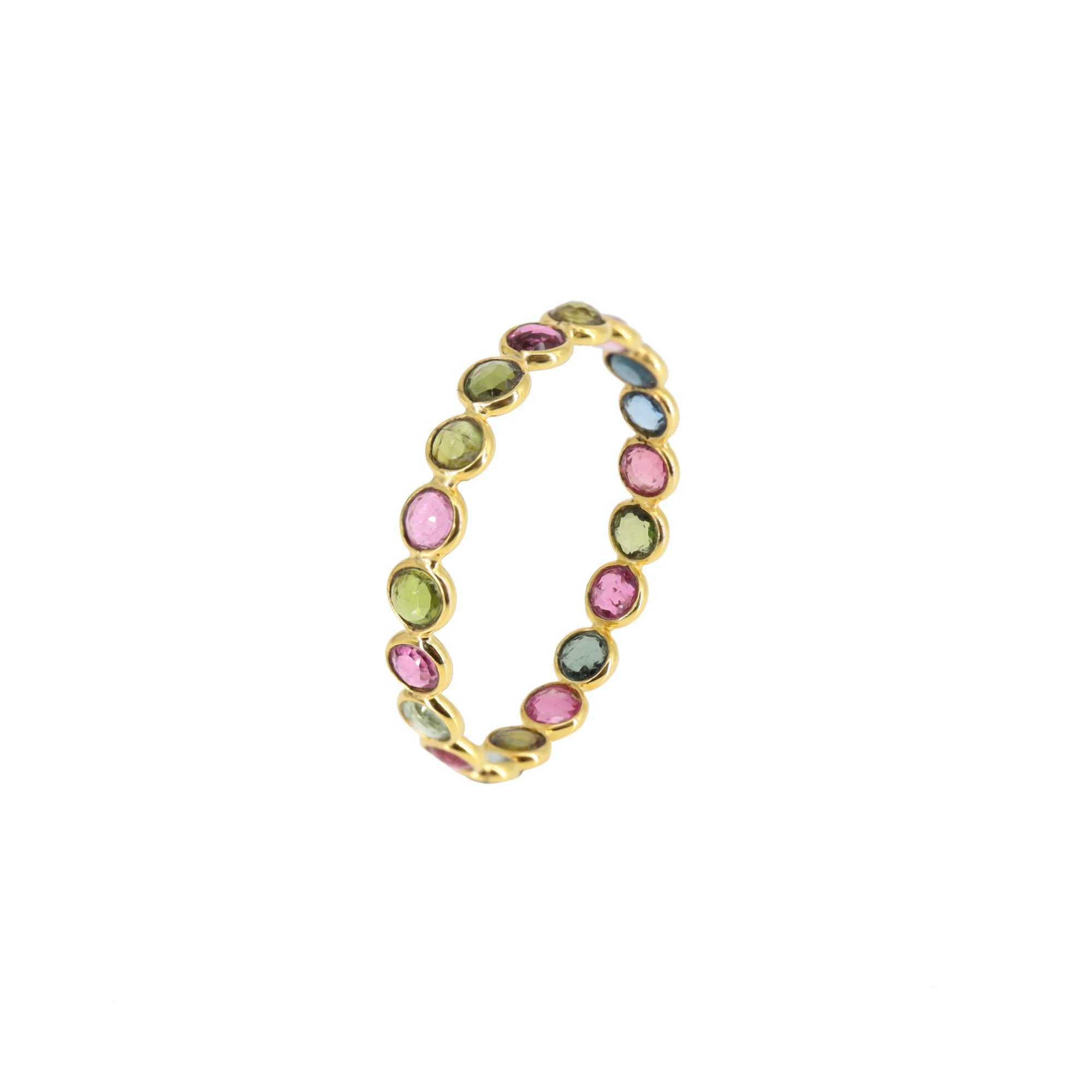 Genuine Multi Tourmaline Gemstone Eternity Band Ring 18K Gold
