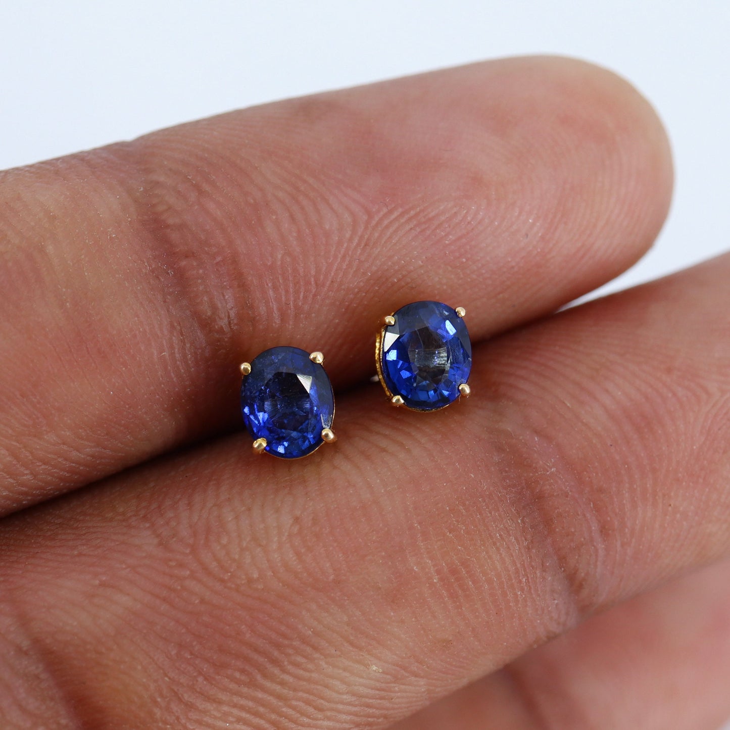 6Mm Tiny Oval Studs Daily Wear Studs Blue Sapphire Yellow Sapphire Earring 14K Gold