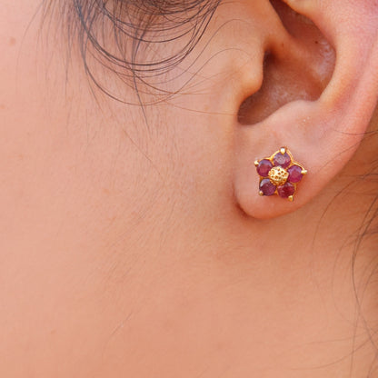 2.50 Round Cut Red Ruby Wedding Push Back Stud Flower Earring 18K Gold