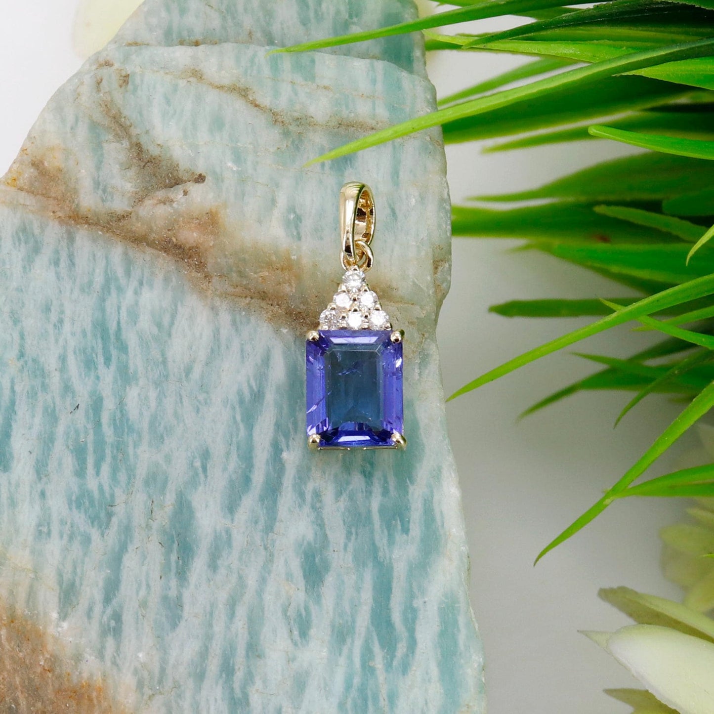 Halo & Tanzanite Yellow Emerald Shape Pendant 14K Gold