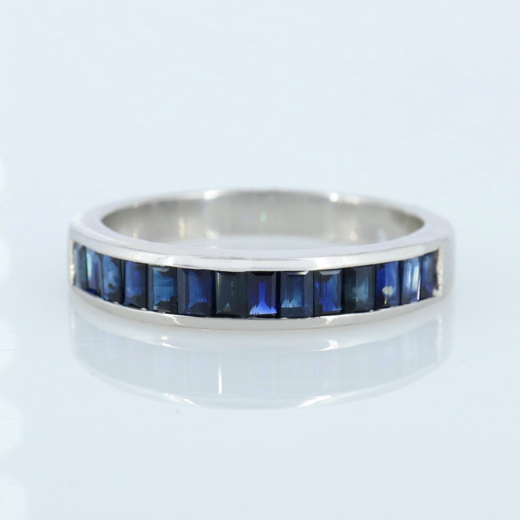 Baguette Cut Blue Sapphire Ring Silver
