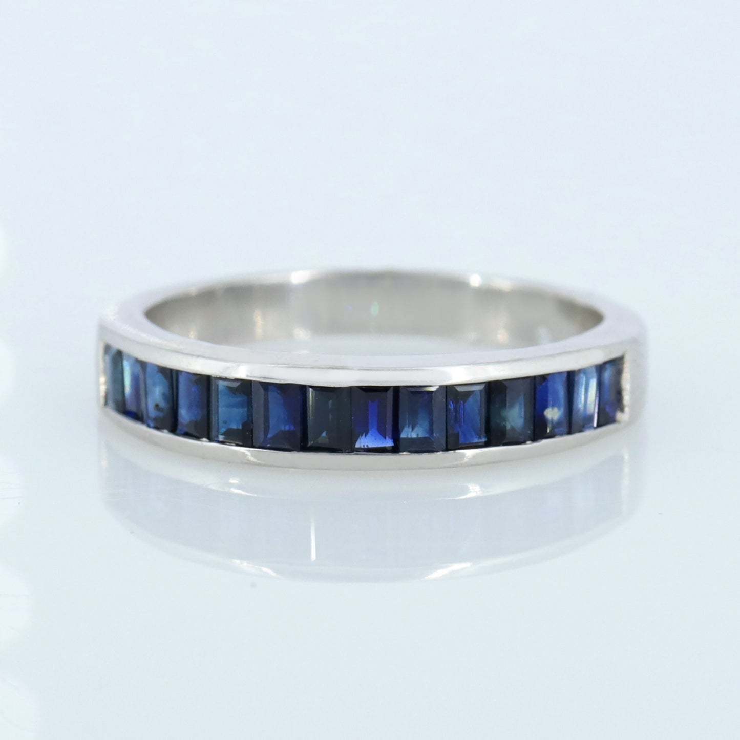 Baguette Cut Blue Sapphire Ring Silver