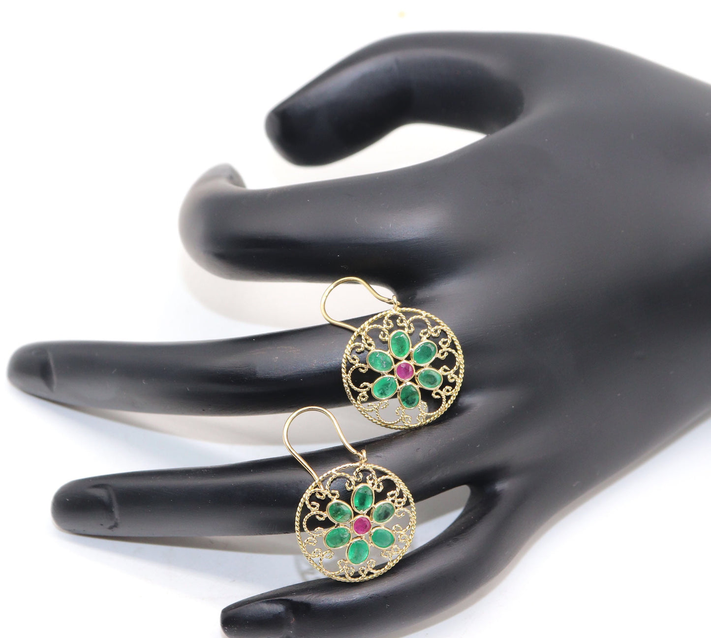Yellow Handmade Emerald Ruby Hanging Earring 18K Gold