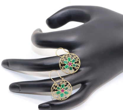 Yellow Handmade Emerald Ruby Hanging Earring 18K Gold