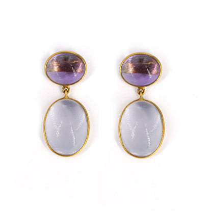 Amethyst & Rose Quartz Cabochon Earring 18K Gold