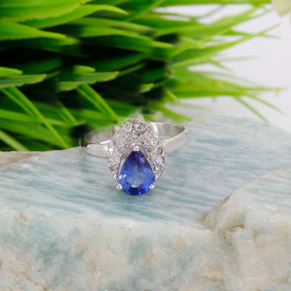 Unique Pear Shape Blue Sapphire Ring 14K Gold