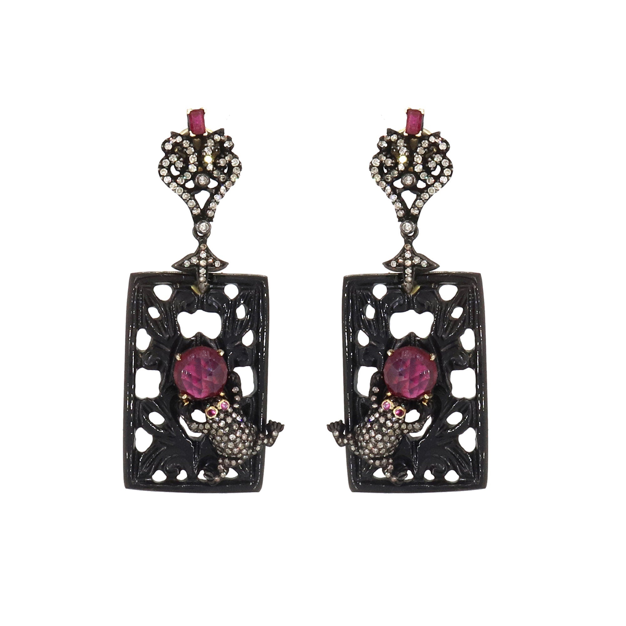 Victorian Jewellery Ruby Glass Filled Black Onyx & Earring