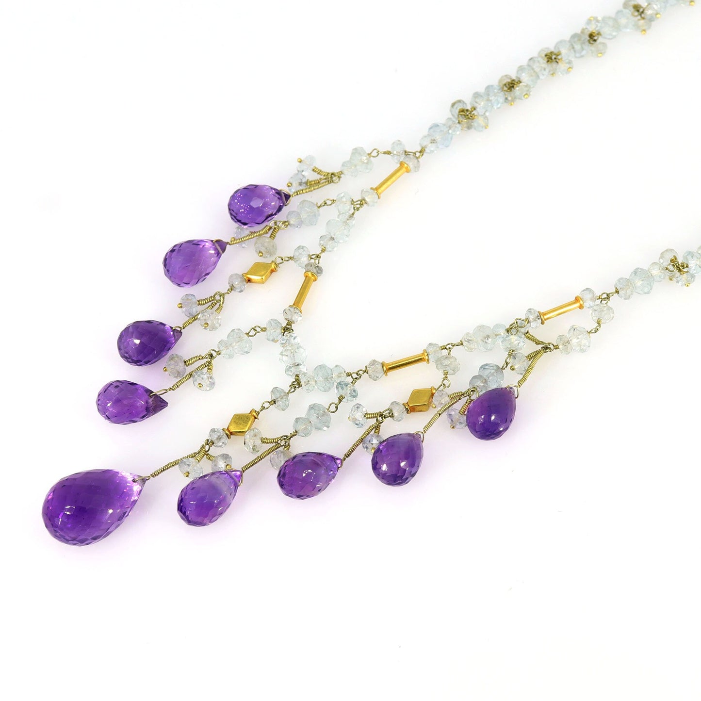 Purple Amethyst Checker Cut Gemstone Briolette Necklace 18K Gold
