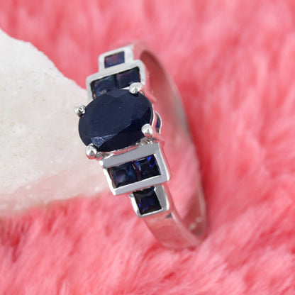 Oval & Square Cut Blue Sapphire 925 Sterling Dainty Ring Silver
