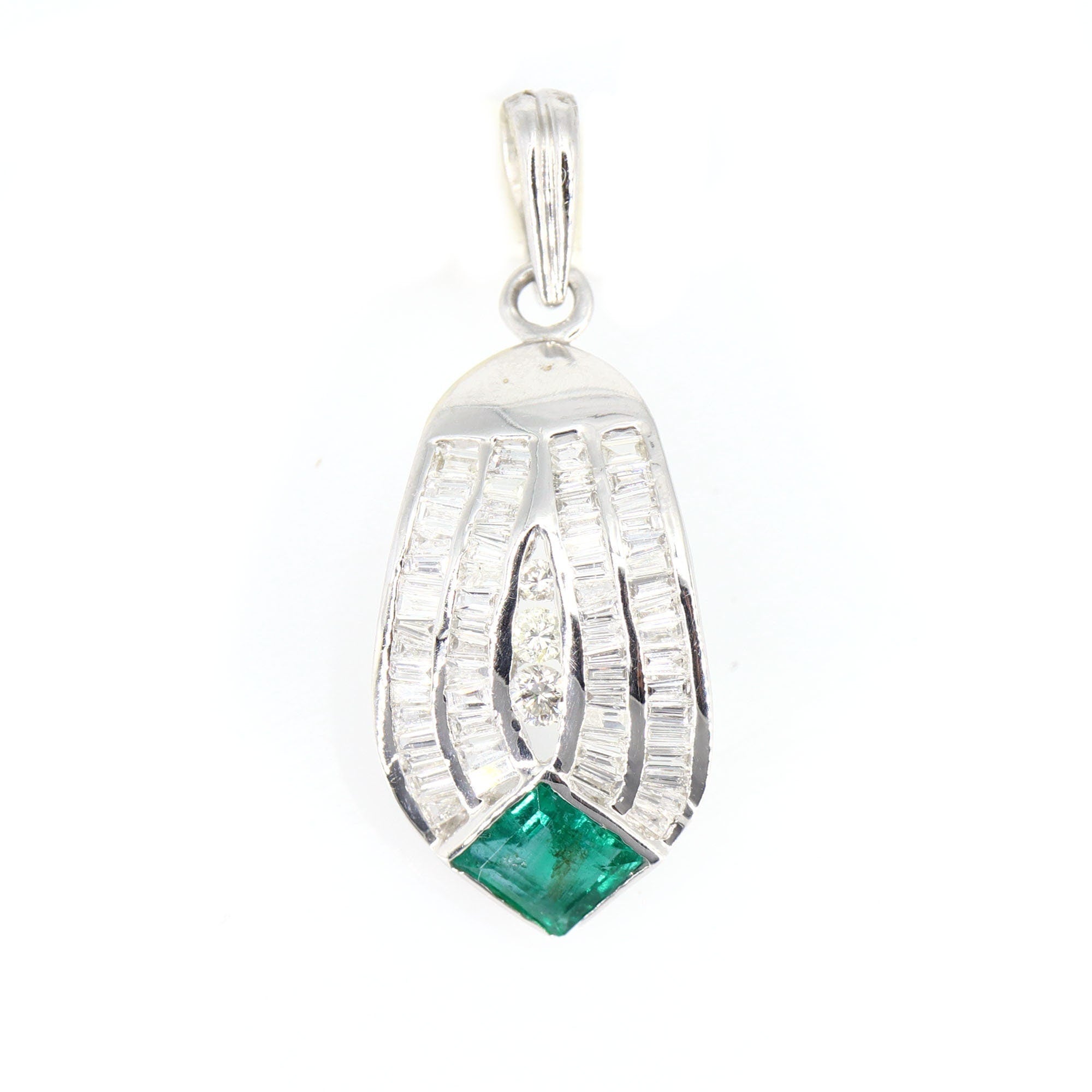 White Princess Cut 0.54 Emerald Tapered Brilliant Round Cut Pendant 14K Gold