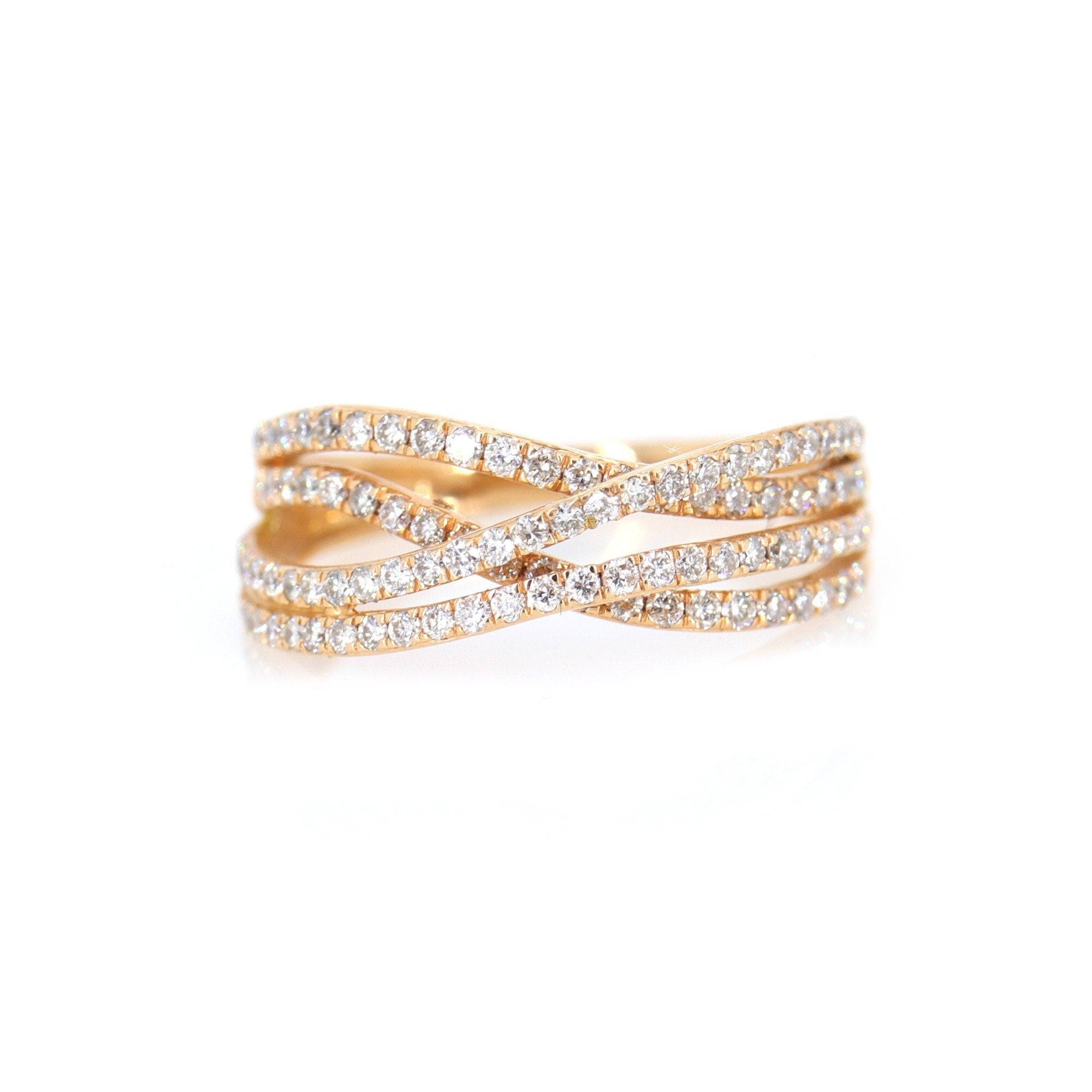 Rose Criss Cross Wedding Band: Micro Pave Crossover Ring 18K Gold