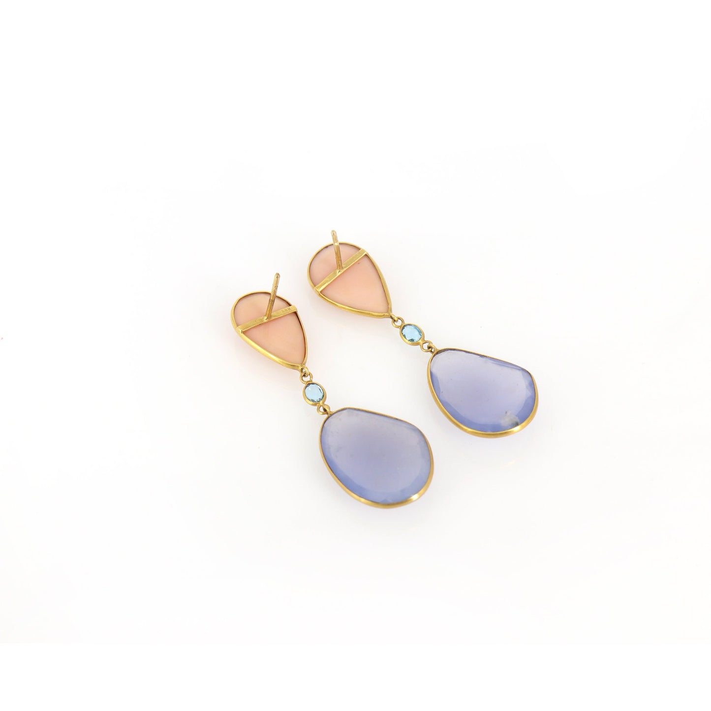 Pink Opal Blue Chalcedony London Blue Topaz Earring 18K Gold