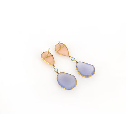 Pink Opal Blue Chalcedony London Blue Topaz Earring 18K Gold