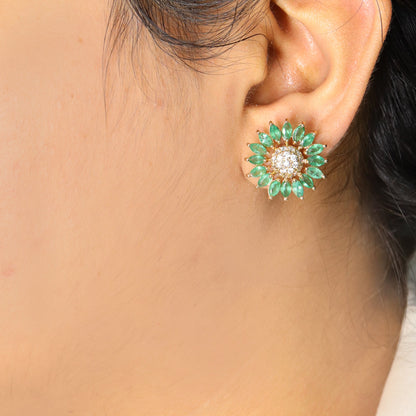 Sun Flower Design Emerald Stud Earring 14K Gold