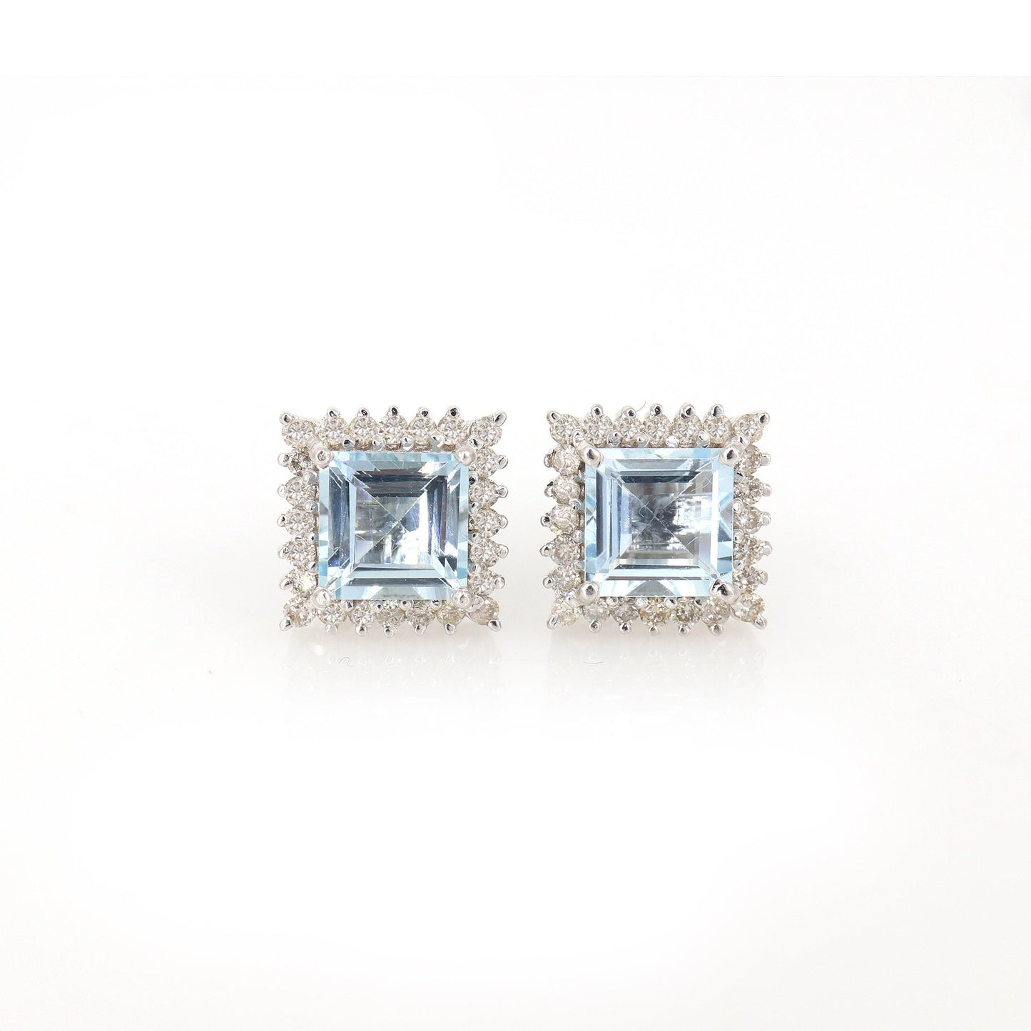 Cluster Studded Princess Cut Aquamarine White Aquamarine White Studs Earring 14K Gold
