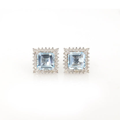 Cluster Studded Princess Cut Aquamarine White Aquamarine White Studs Earring 14K Gold