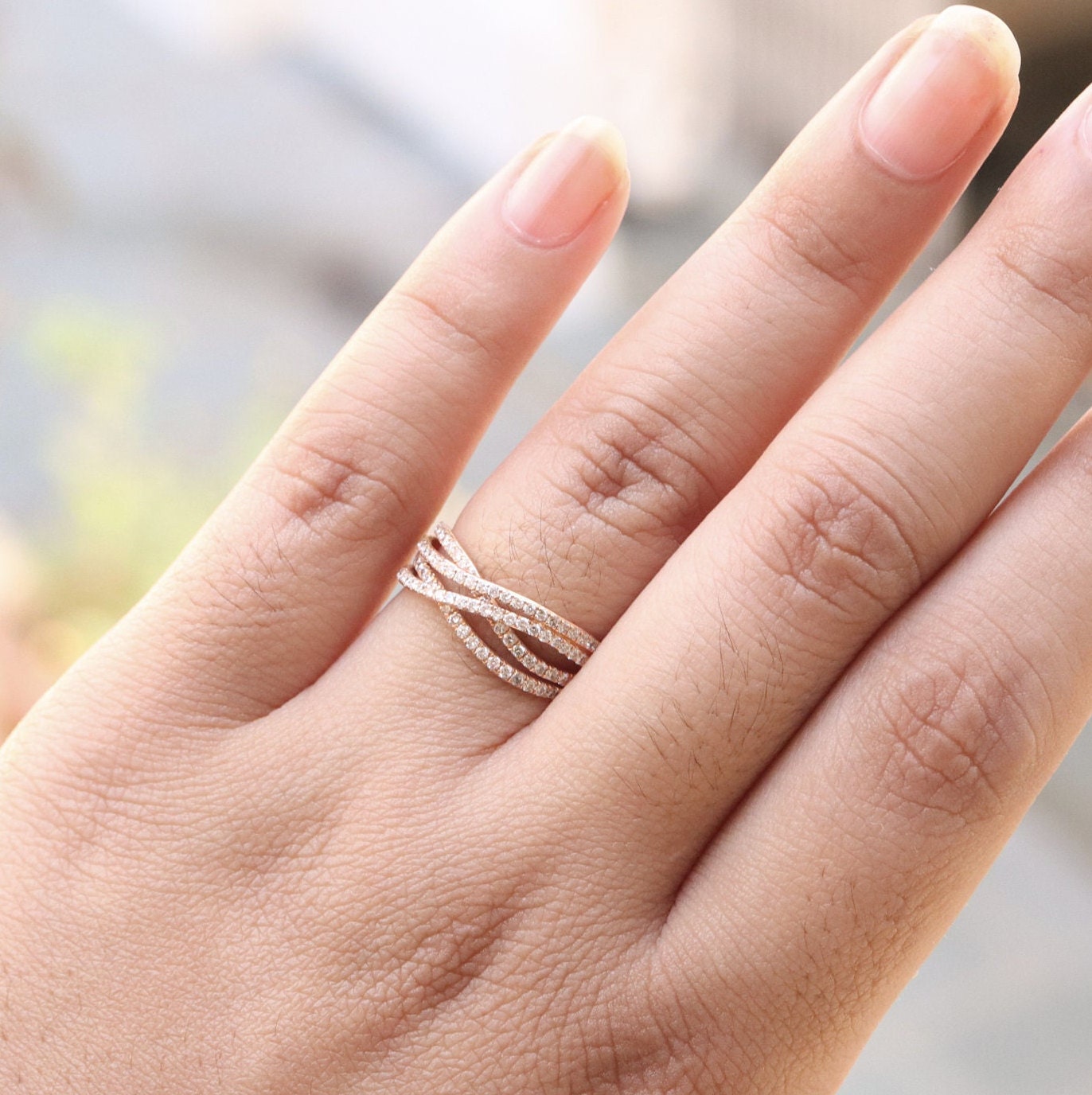Rose Criss Cross Wedding Band: Micro Pave Crossover Ring 18K Gold