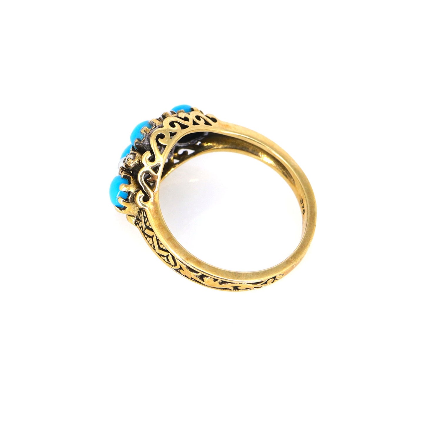 Antique 9K Persian Turquoise Pearl Cabochon Ring Gold