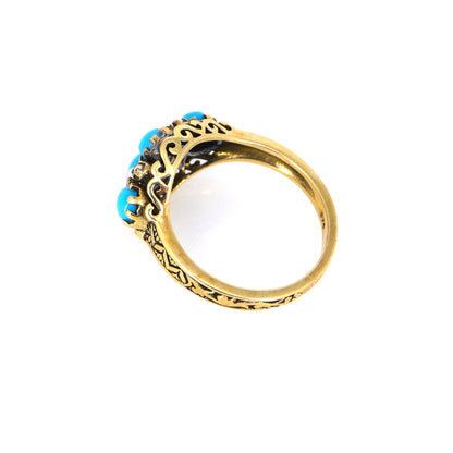 Antique 9K Persian Turquoise Pearl Cabochon Ring Gold