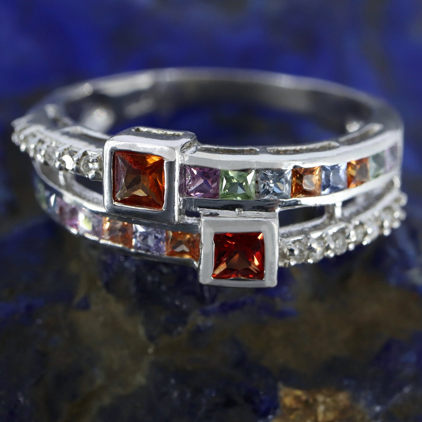 Princess Cut Multi Sapphire Ring Silver
