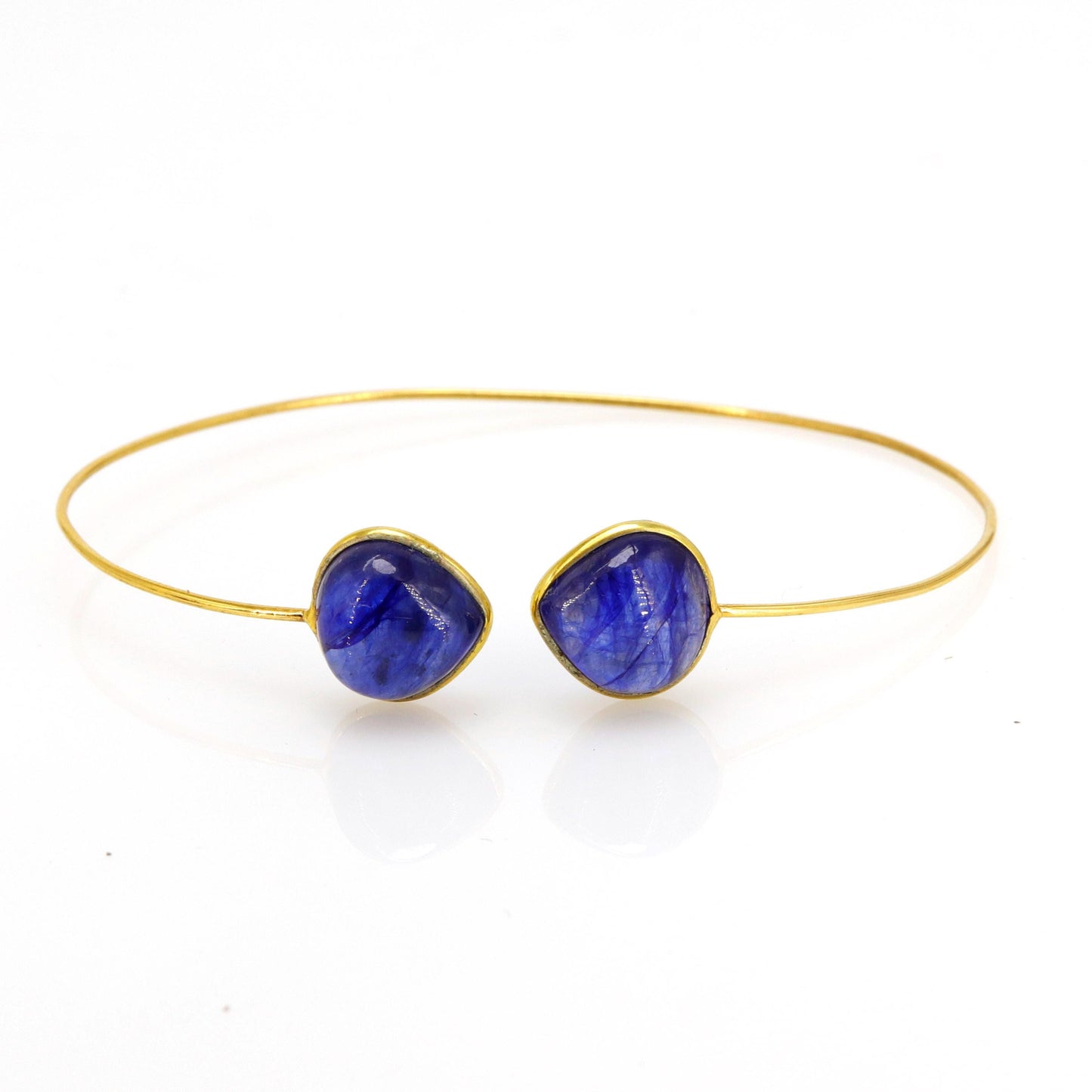 Open Cuff Bangle Flexible Bangle Blue Sapphire Setted Yellow /Anniversary / Oval & Pear Shape 14K Gold