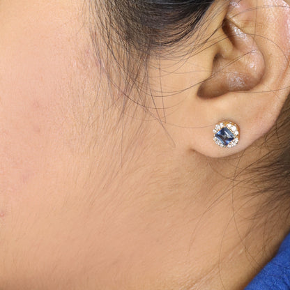 Blue Sapphire Gemstone Studs / Yellow Studs / Princess Cut Sapphire Stone Stud Earring 14K Gold