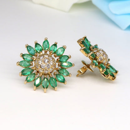 Sun Flower Design Emerald Stud Earring 14K Gold