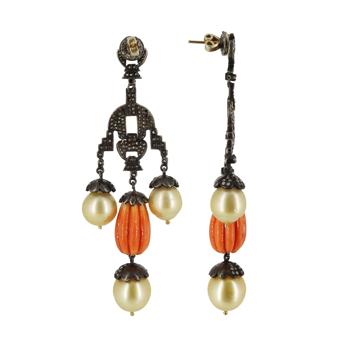 Coral Carving Gemstone South Sea Pearl Earring