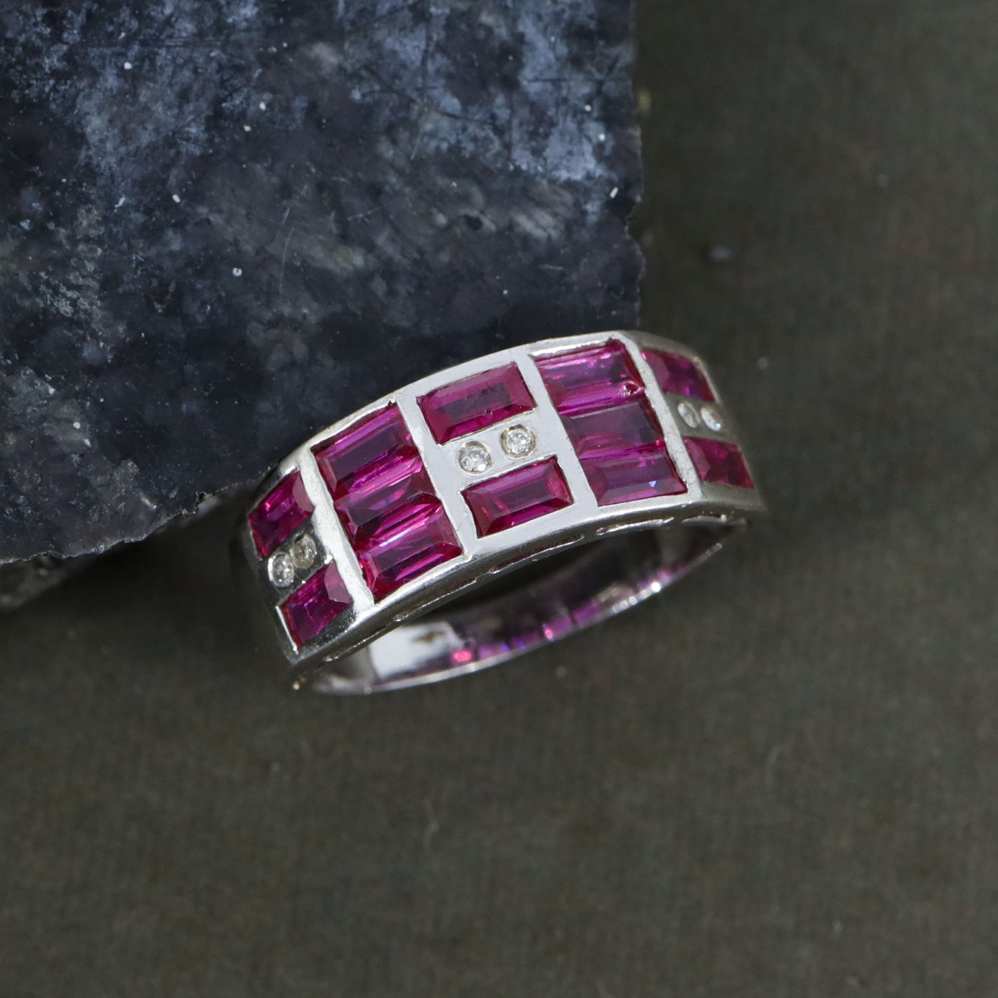 Baguette Cut Ruby Gemstone Ring Silver