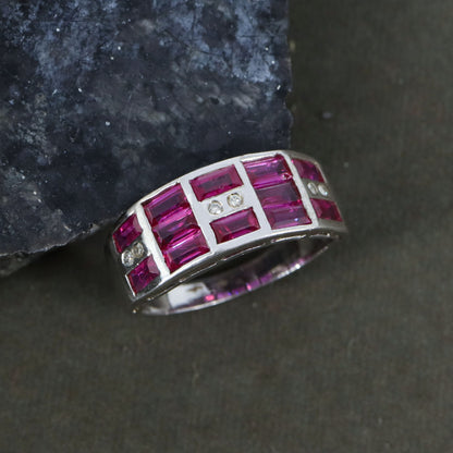 Baguette Cut Ruby Gemstone Ring Silver