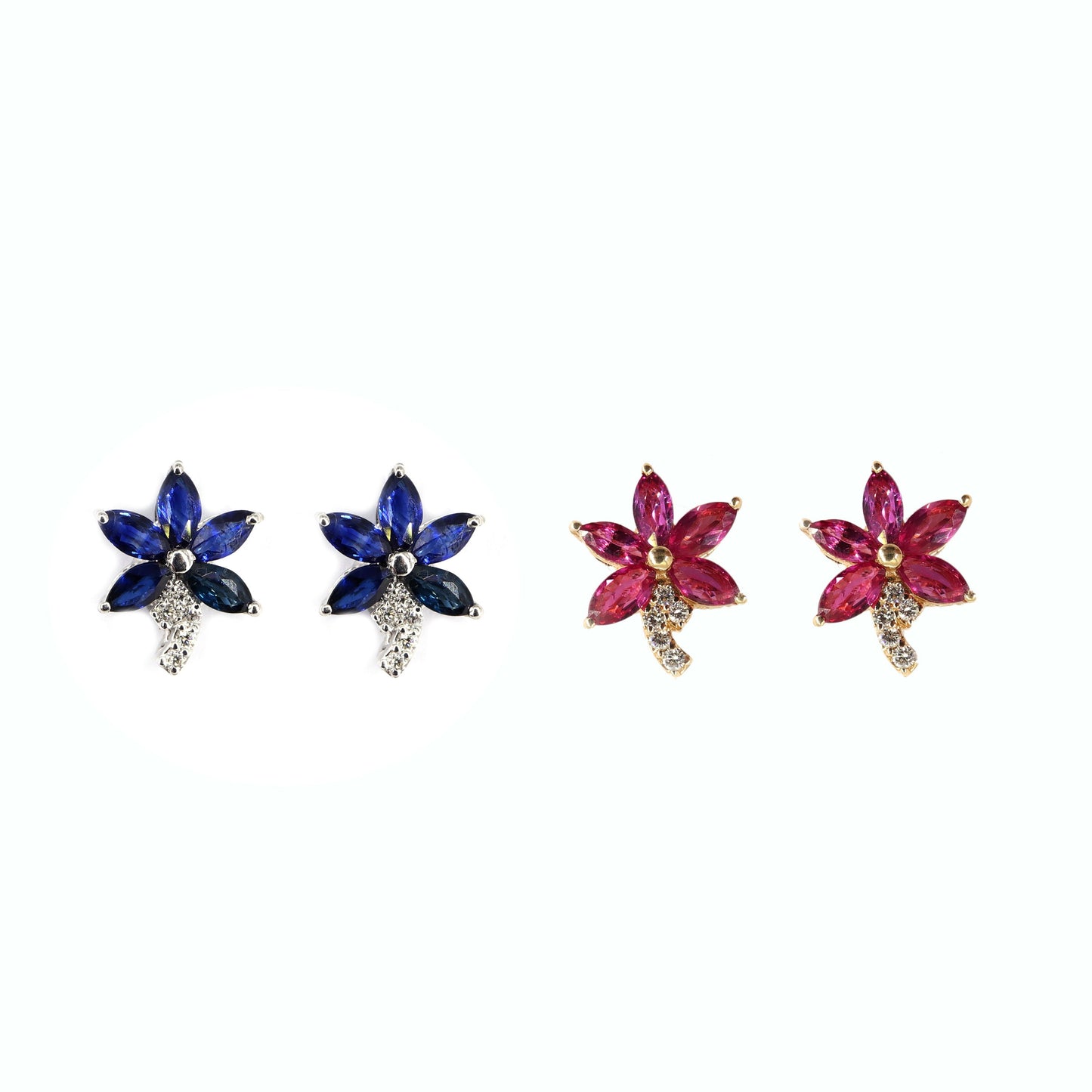 Flower Design Ruby/Blue Sapphire Earring 14K Gold
