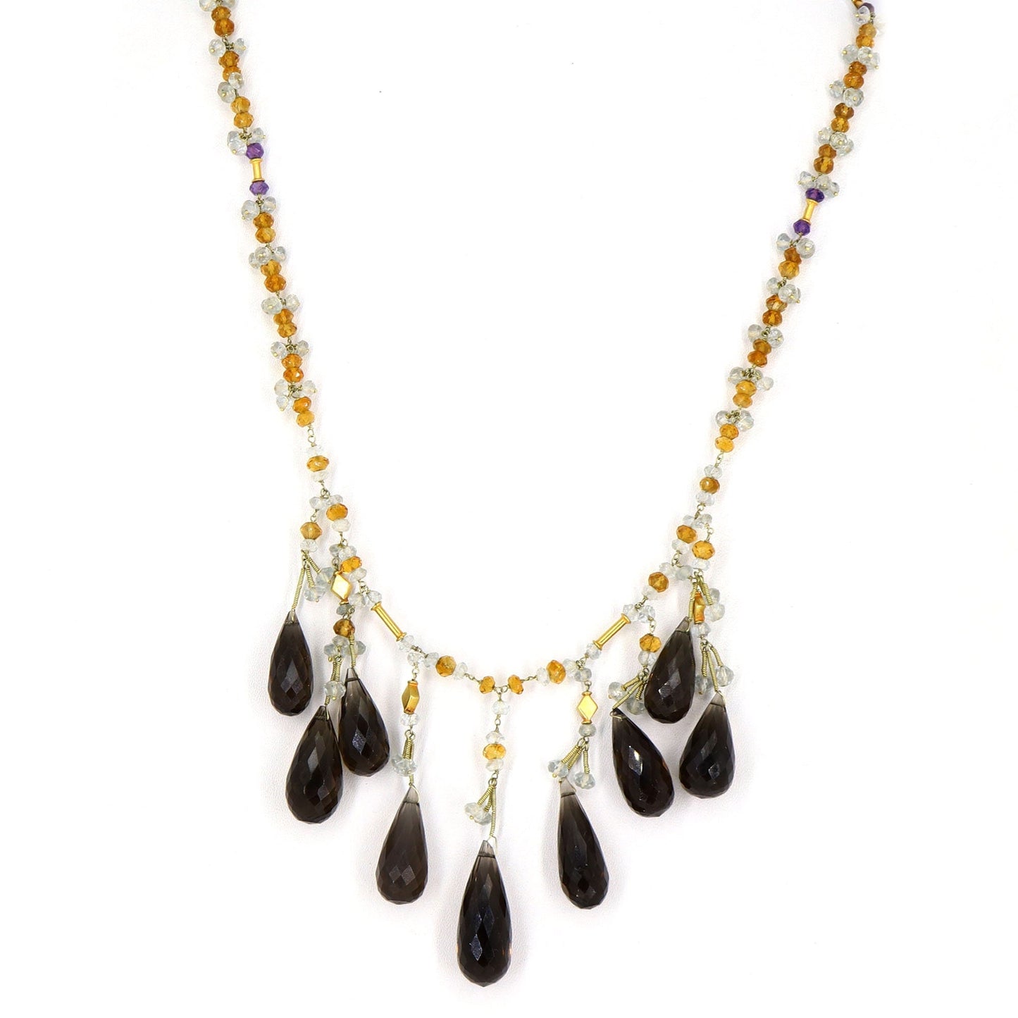 Smoky Quartz Citrine Aquamarine Purple Amethyst Beaded Necklace 14K Gold