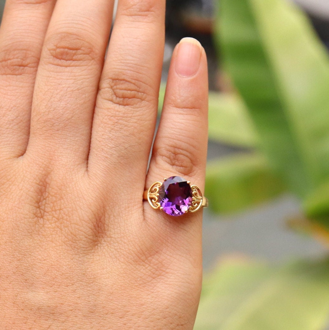 Filigree Style Yellow Purple Amethyst Ring 14K Gold