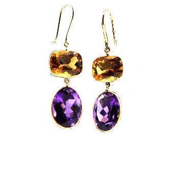 18Kyellow Handmade Citrine Amethyst Hanging Earring Gold