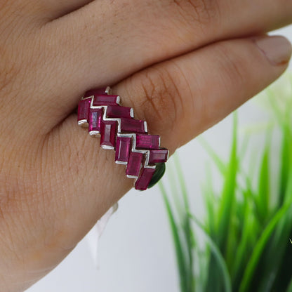 Baguette Cut Ruby Gemstone Ring Silver