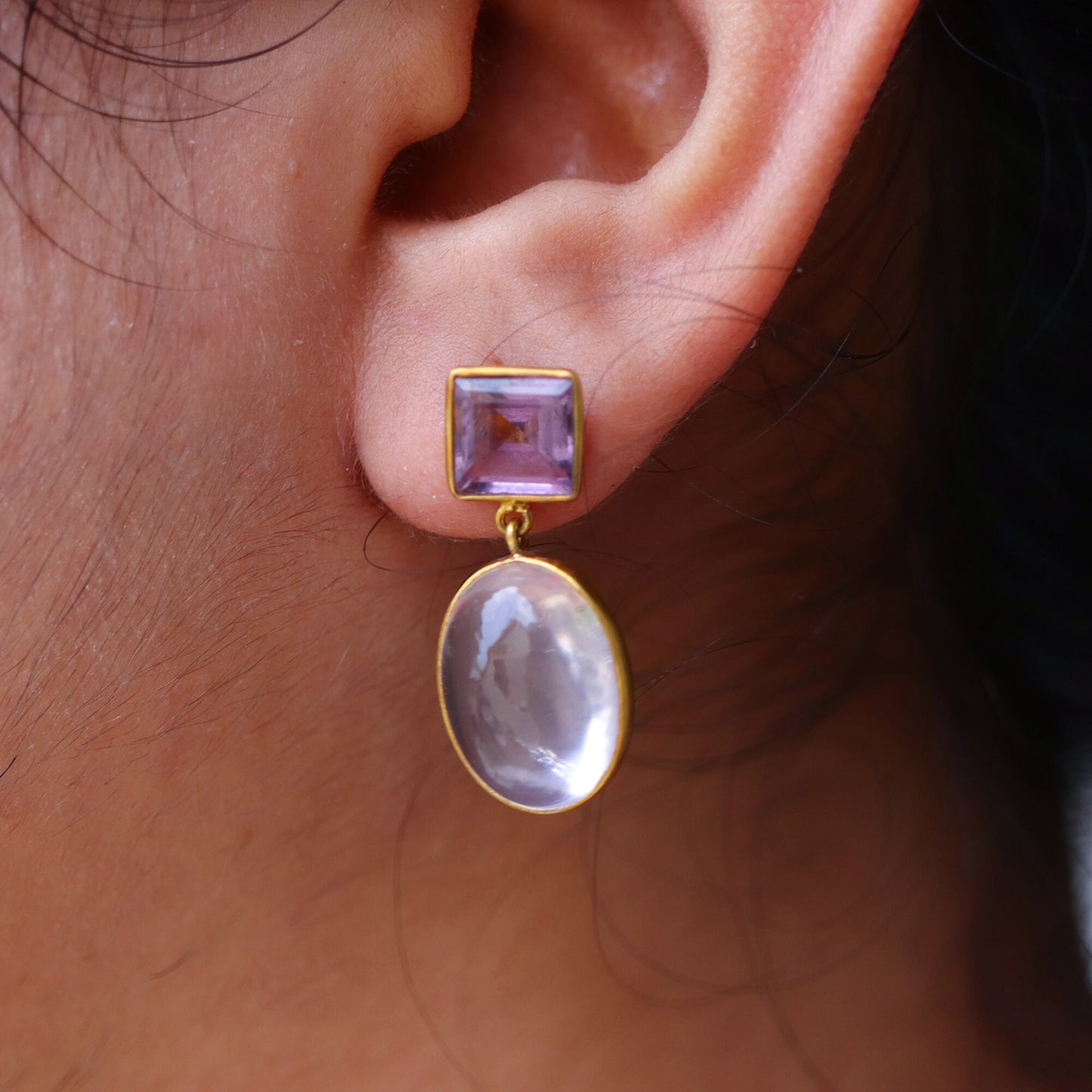 Amethyst & Rose Quartz Earring 18K Gold