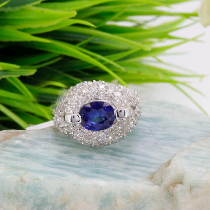 Stunning Blue Deep Sapphire White Ring 18K Gold