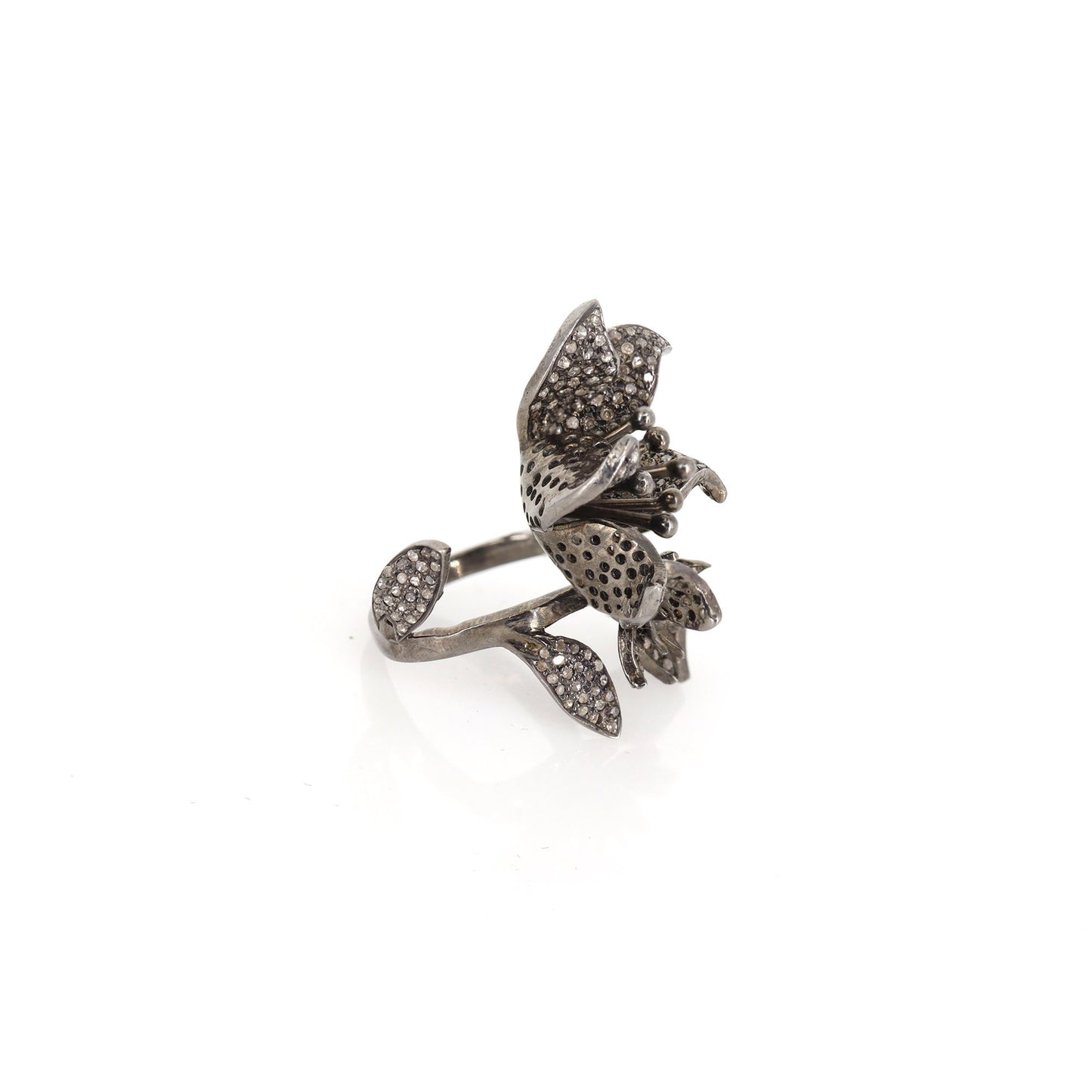 Leaf Design Big Statement Pave Ring Silver