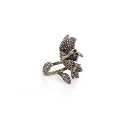 Leaf Design Big Statement Pave Ring Silver