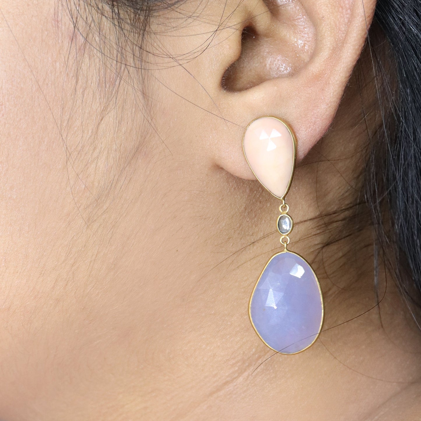 Pink Opal Blue Chalcedony London Blue Topaz Earring 18K Gold