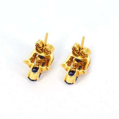 Yellow Studded Oval Cut Blue Sapphire Studs Top Quality Round Earring 18K Gold