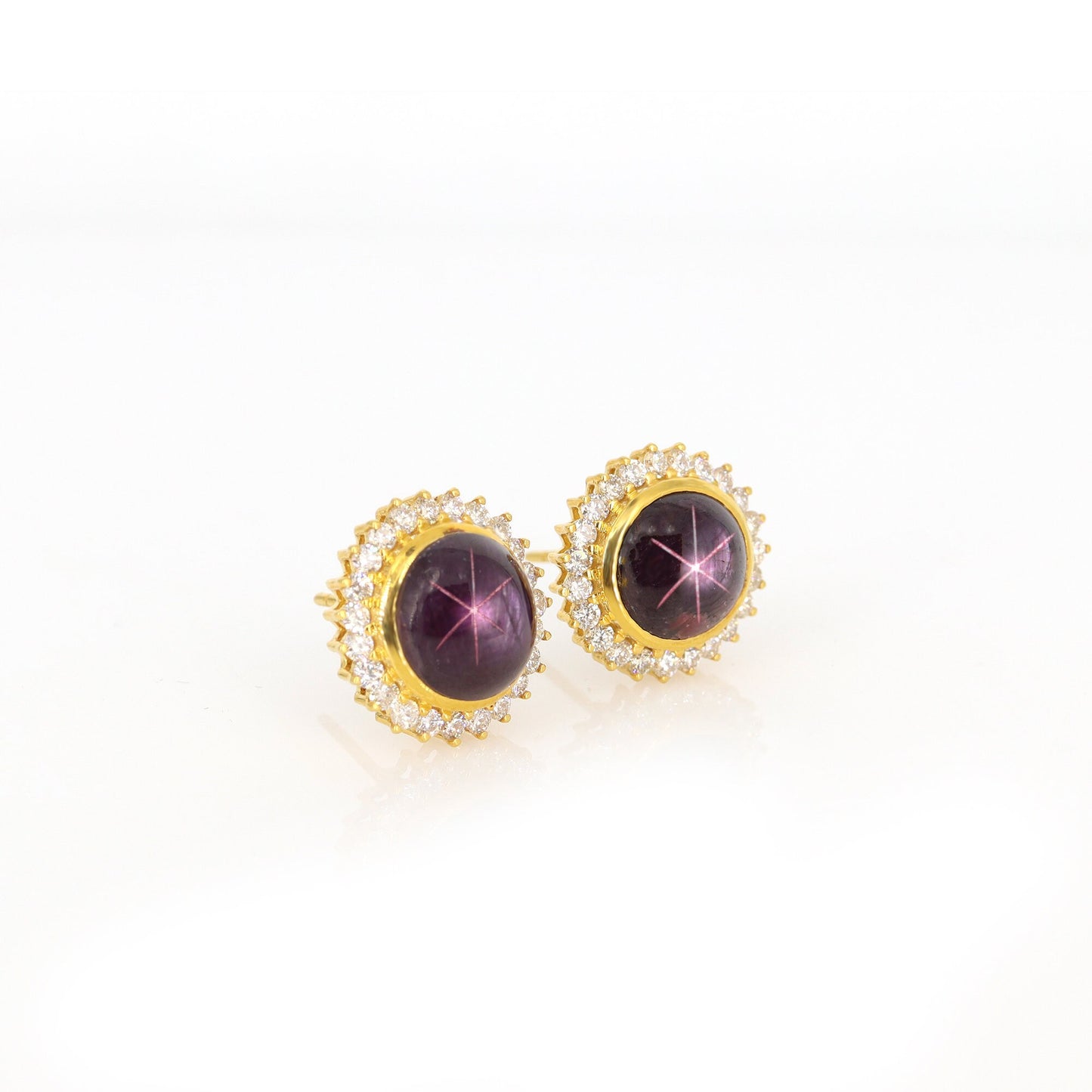Round Cluster Star Ruby Studs Yellow Earring 18K Gold