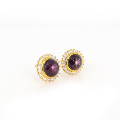 Round Cluster Star Ruby Studs Yellow Earring 18K Gold